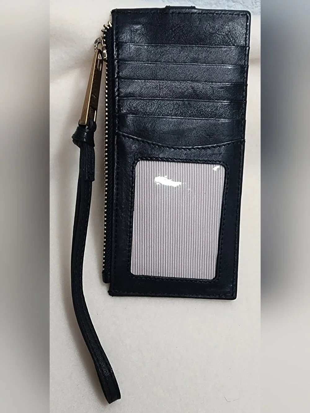 Margot Black Leather Wristlet Card & Zip Holder with Strap